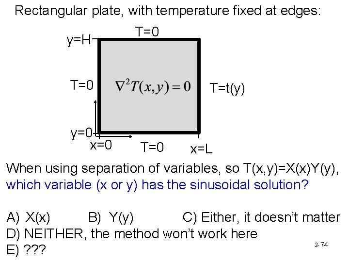 Rectangular plate, with temperature fixed at edges: y=H T=0 y=0 x=0 T=t(y) T=0 x=L