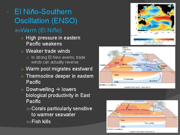  El Niño-Southern Oscillation (ENSO) Warm (El Niño) ○ High pressure in eastern Pacific