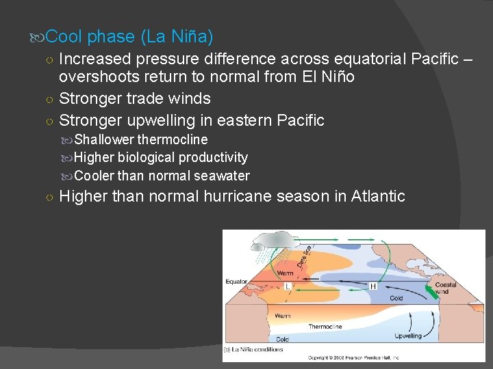  Cool phase (La Niña) ○ Increased pressure difference across equatorial Pacific – overshoots