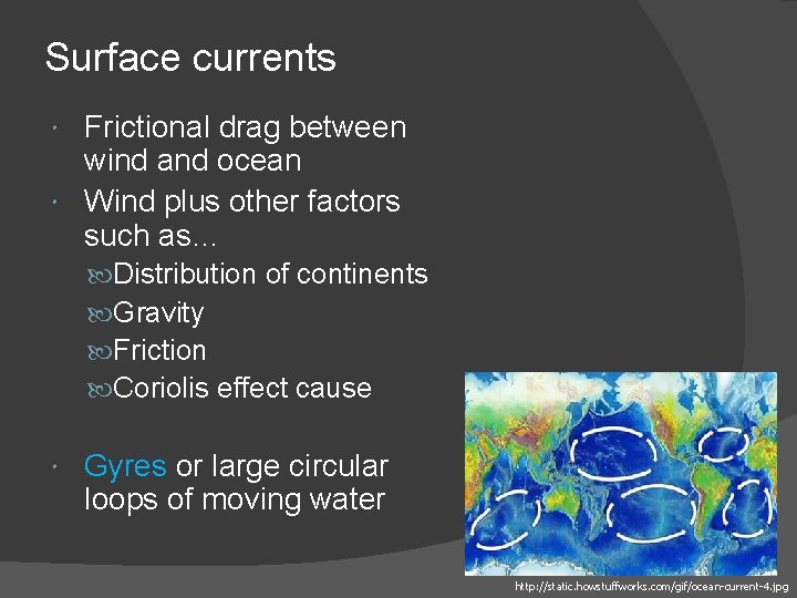 Surface currents Frictional drag between wind and ocean Wind plus other factors such as…