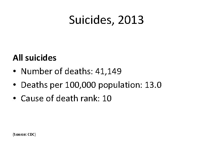 Suicides, 2013 All suicides • Number of deaths: 41, 149 • Deaths per 100,