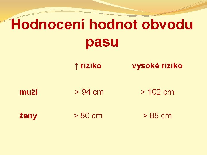 Hodnocení hodnot obvodu pasu ↑ riziko vysoké riziko muži > 94 cm > 102