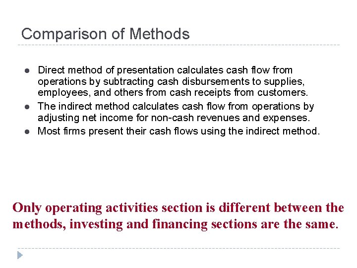 Comparison of Methods l l l Direct method of presentation calculates cash flow from