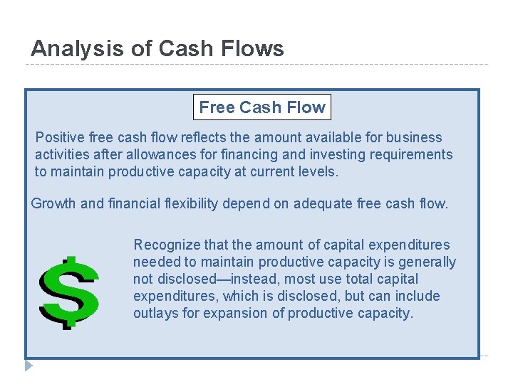 Analysis of Cash Flows Free Cash Flow Positive free cash flow reflects the amount