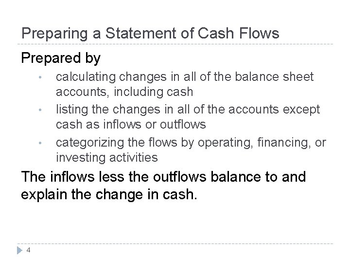 Preparing a Statement of Cash Flows Prepared by • • • calculating changes in