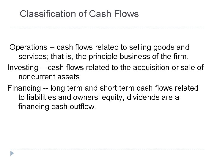 Classification of Cash Flows Operations -- cash flows related to selling goods and services;