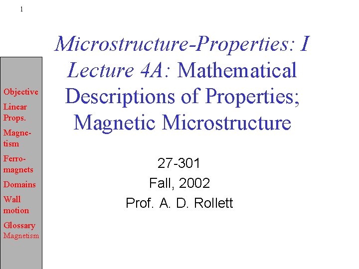 1 Objective Linear Props. Magnetism Ferromagnets Domains Wall motion Glossary Magnetism Microstructure-Properties: I Lecture