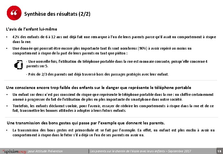 Synthèse des résultats (2/2) L’avis de l’enfant lui-même • 42% des enfants de 6