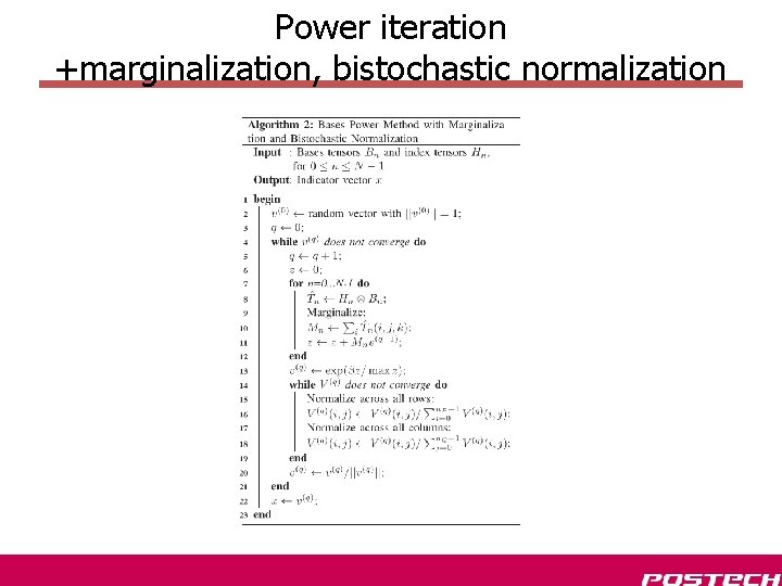 Power iteration +marginalization, bistochastic normalization 