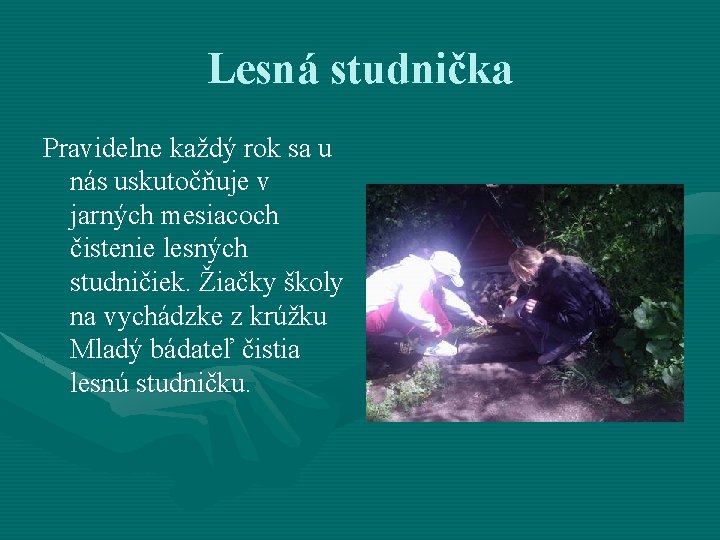 Lesná studnička Pravidelne každý rok sa u nás uskutočňuje v jarných mesiacoch čistenie lesných