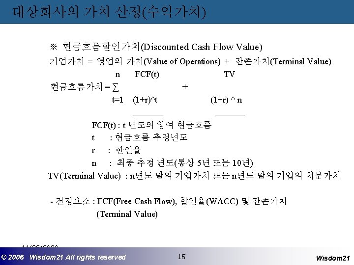 대상회사의 가치 산정(수익가치) ※ 현금흐름할인가치(Discounted Cash Flow Value) 기업가치 = 영업의 가치(Value of Operations)