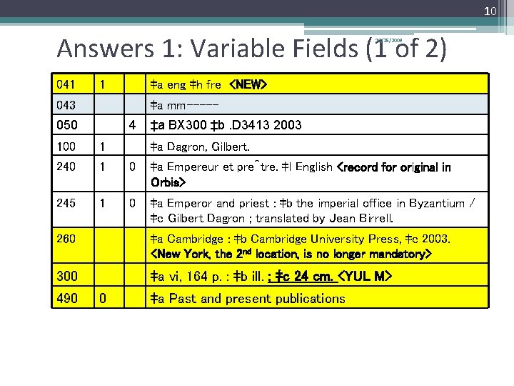 10 Answers 1: Variable Fields (1 of 2) 11/25/2009 041 1 ‡a eng ‡h