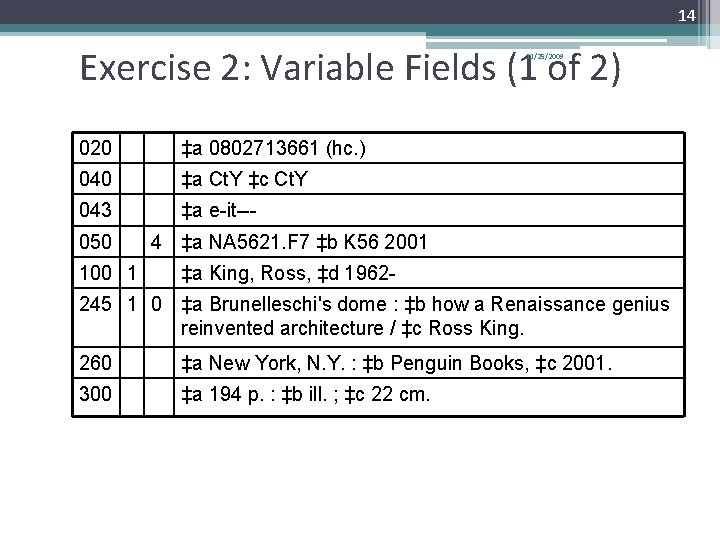 14 Exercise 2: Variable Fields (1 of 2) 11/25/2009 020 ‡a 0802713661 (hc. )