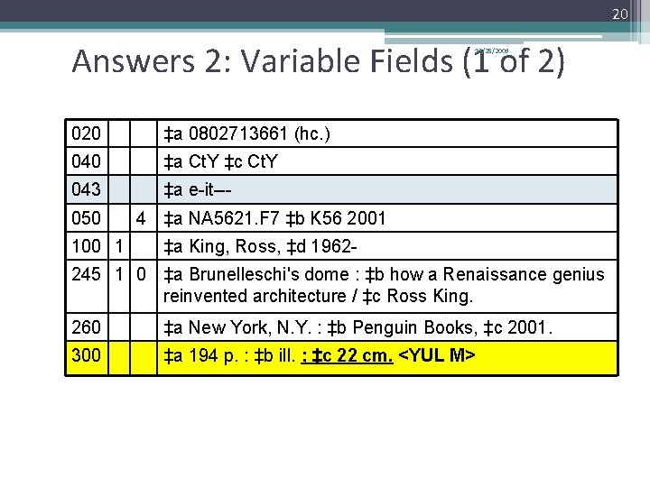20 Answers 2: Variable Fields (1 of 2) 11/25/2009 020 ‡a 0802713661 (hc. )