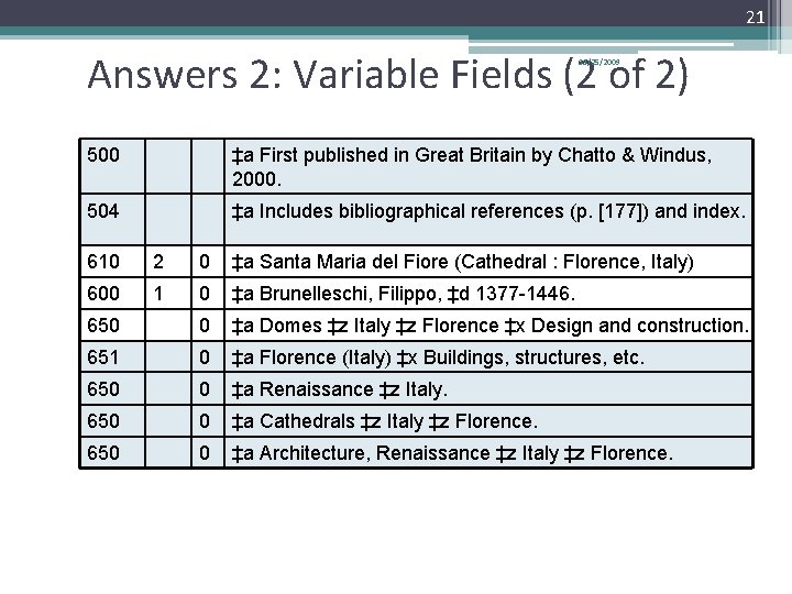 21 Answers 2: Variable Fields (2 of 2) 11/25/2009 500 ‡a First published in