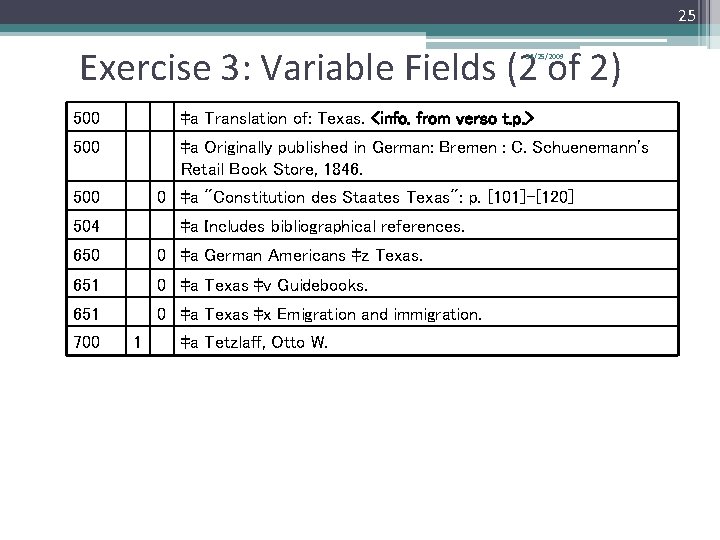 25 Exercise 3: Variable Fields (2 of 2) 11/25/2009 500 ‡a Translation of: Texas.