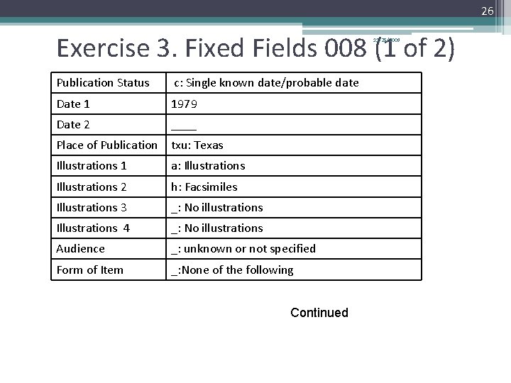 26 Exercise 3. Fixed Fields 008 (1 of 2) 11/25/2009 Publication Status c: Single