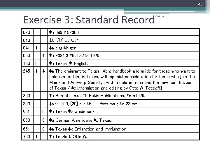 32 Exercise 3: Standard Record 11/25/2009 020 ‡a 0890152306 040 ‡a Ct. Y ‡c