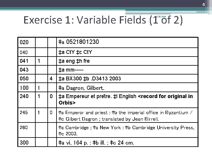 4 Exercise 1: Variable Fields (1 of 2) 11/25/2009 020 ‡a 0521801230 040 ‡a