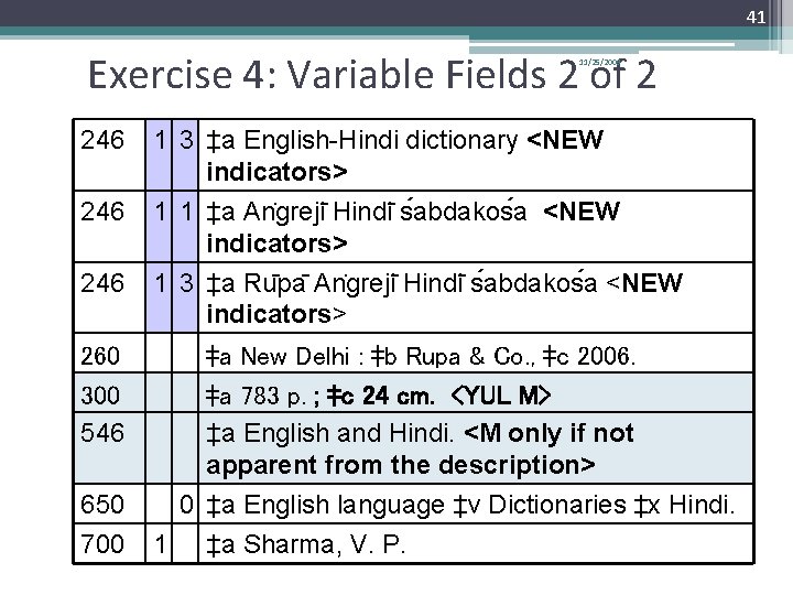 41 Exercise 4: Variable Fields 2 of 2 11/25/2009 246 1 3 ‡a English-Hindi