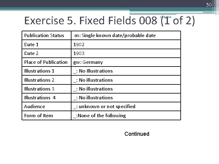 50 Exercise 5. Fixed Fields 008 (1 of 2) 11/25/2009 Publication Status m: Single