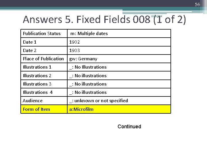 56 Answers 5. Fixed Fields 008 (1 of 2) 11/25/2009 Publication Status m: Multiple