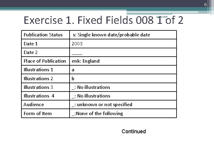 6 Exercise 1. Fixed Fields 008 1 of 2 11/25/2009 Publication Status s: Single