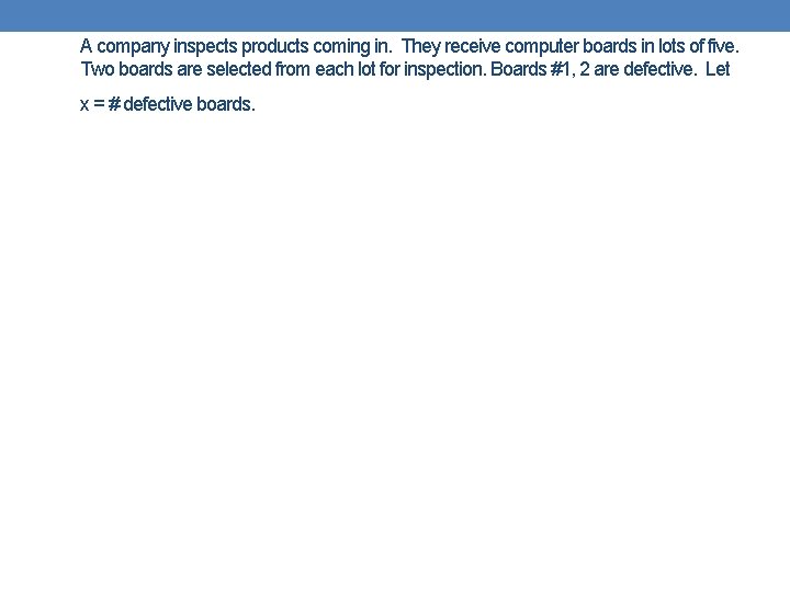 A company inspects products coming in. They receive computer boards in lots of five.