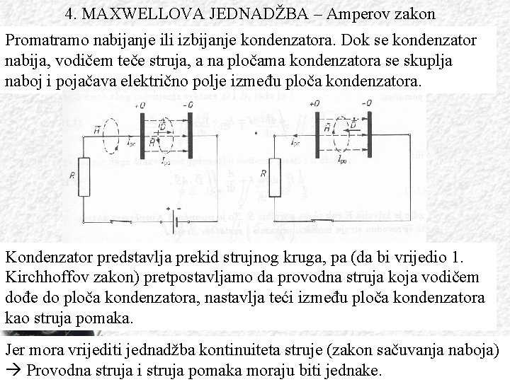 4. MAXWELLOVA JEDNADŽBA – Amperov zakon Promatramo nabijanje ili izbijanje kondenzatora. Dok se kondenzator