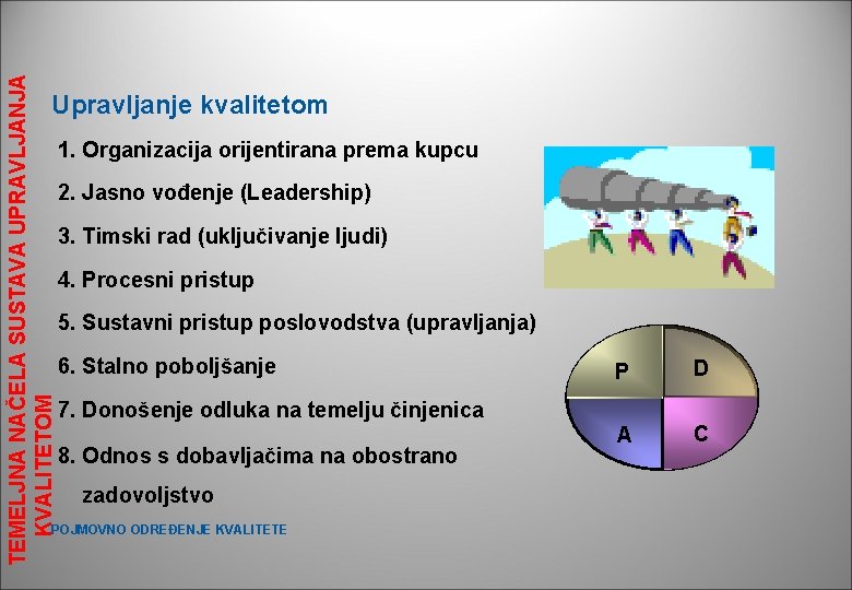 TEMELJNA NAČELA SUSTAVA UPRAVLJANJA KVALITETOM Upravljanje kvalitetom 1. Organizacija orijentirana prema kupcu 2. Jasno TEMELJNA NAČELA SUSTAVA UPRAVLJANJA KVALITETOM Upravljanje kvalitetom 1. Organizacija orijentirana prema kupcu 2. Jasno