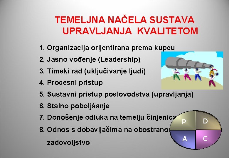 TEMELJNA NAČELA SUSTAVA UPRAVLJANJA KVALITETOM 1. Organizacija orijentirana prema kupcu 2. Jasno vođenje (Leadership) TEMELJNA NAČELA SUSTAVA UPRAVLJANJA KVALITETOM 1. Organizacija orijentirana prema kupcu 2. Jasno vođenje (Leadership)