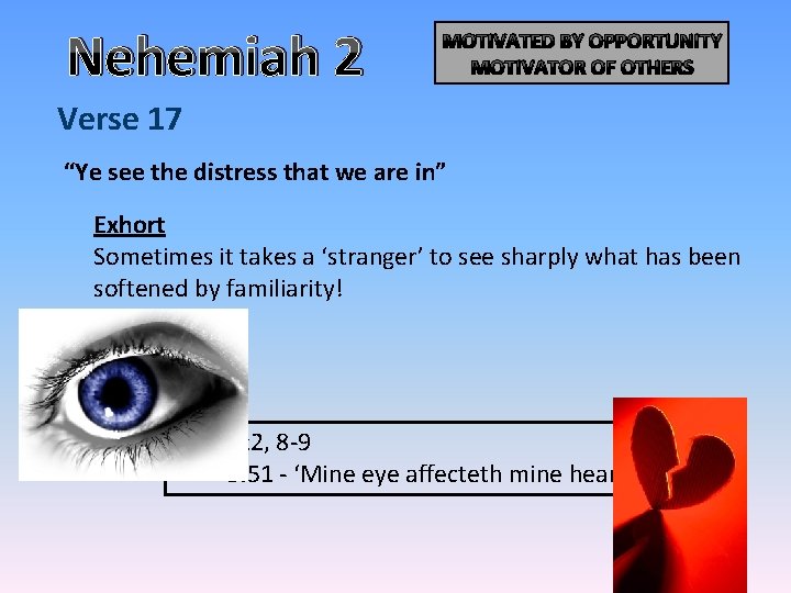 Nehemiah 2 MOTIVATED BY OPPORTUNITY MOTIVATOR OF OTHERS Verse 17 “Ye see the distress Nehemiah 2 MOTIVATED BY OPPORTUNITY MOTIVATOR OF OTHERS Verse 17 “Ye see the distress