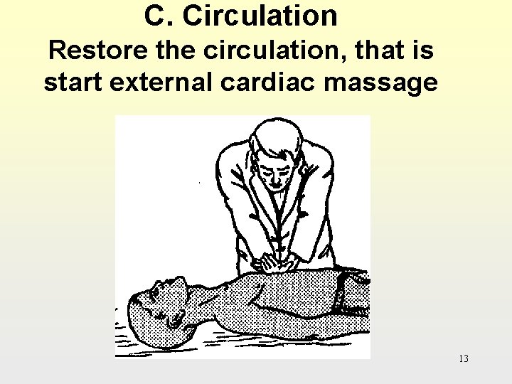 C. Circulation Restore the circulation, that is start external cardiac massage 13 