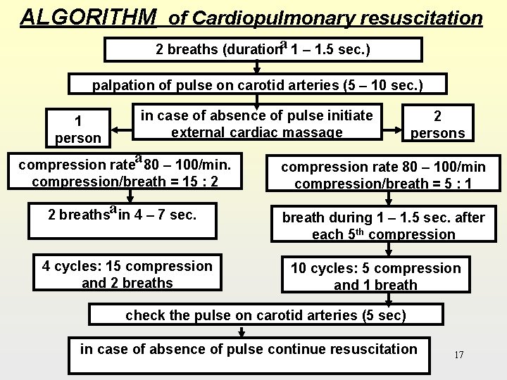 ALGORITHM of Cardiopulmonary resuscitation a 2 breaths (duration 1 – 1. 5 sec. )