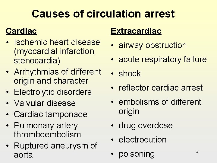 Causes of circulation arrest Cardiac • Ischemic heart disease (myocardial infarction, stenocardia) • Arrhythmias