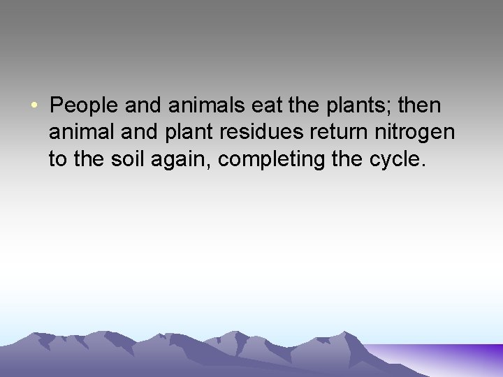  • People and animals eat the plants; then animal and plant residues return