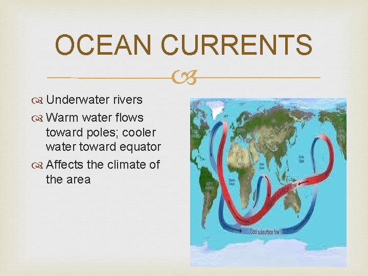 OCEAN CURRENTS Underwater rivers Warm water flows toward poles; cooler water toward equator Affects