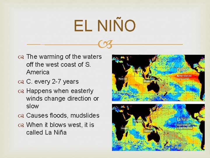 EL NIÑO The warming of the waters off the west coast of S. America