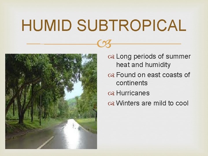 HUMID SUBTROPICAL Long periods of summer heat and humidity Found on east coasts of