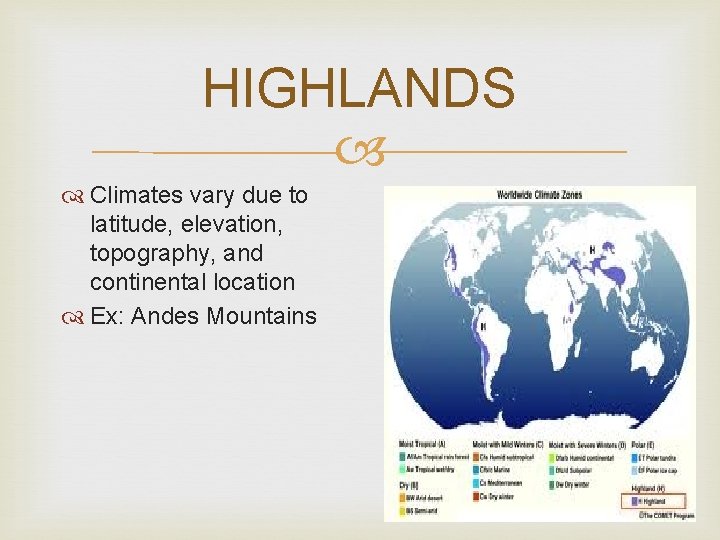 HIGHLANDS Climates vary due to latitude, elevation, topography, and continental location Ex: Andes Mountains