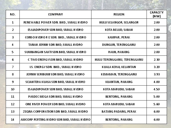 NO. COMPANY REGION CAPACITY (MW) 1 RENEWABLE POWER SDN. BHD. , SMALL HYDRO HULU NO. COMPANY REGION CAPACITY (MW) 1 RENEWABLE POWER SDN. BHD. , SMALL HYDRO HULU