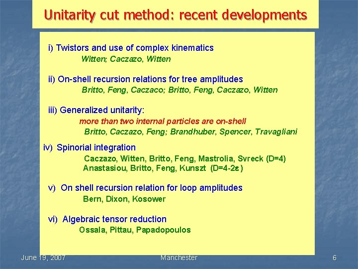 Unitarity cut method: recent developments i) Twistors and use of complex kinematics Witten; Caczazo,