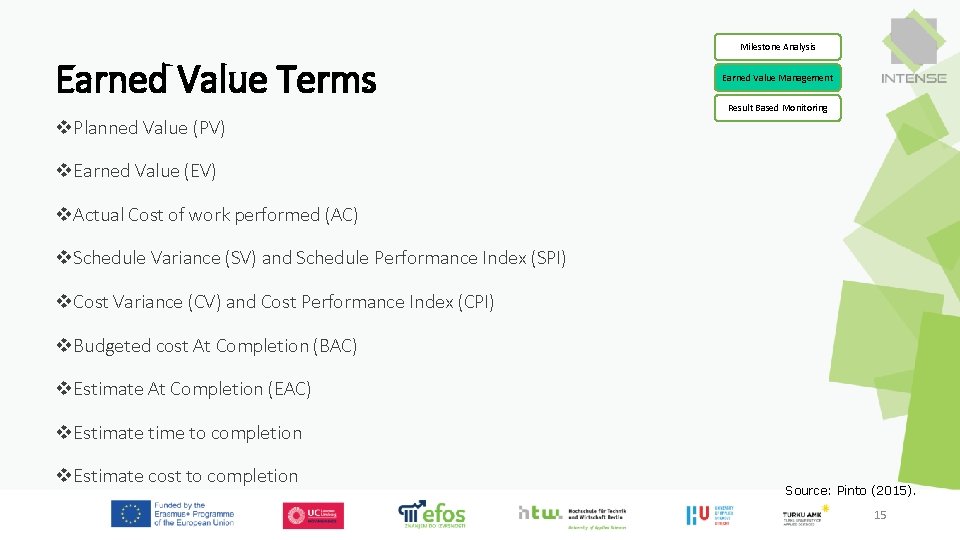 Milestone Analysis Earned Value Terms Earned Value Management Result Based Monitoring v. Planned Value Milestone Analysis Earned Value Terms Earned Value Management Result Based Monitoring v. Planned Value