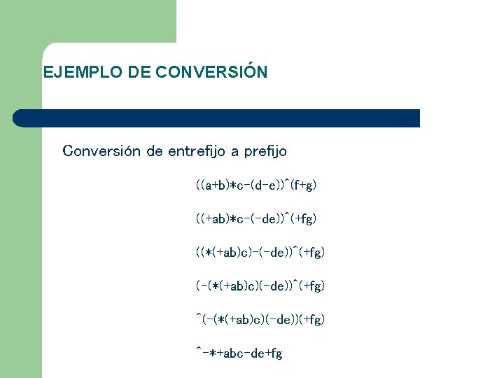 EJEMPLO DE CONVERSIÓN Conversión de entrefijo a prefijo ((a+b)*c-(d-e))^(f+g) ((+ab)*c-(-de))^(+fg) ((*(+ab)c)-(-de))^(+fg) (-(*(+ab)c)(-de))^(+fg) ^(-(*(+ab)c)(-de))(+fg) ^-*+abc-de+fg EJEMPLO DE CONVERSIÓN Conversión de entrefijo a prefijo ((a+b)*c-(d-e))^(f+g) ((+ab)*c-(-de))^(+fg) ((*(+ab)c)-(-de))^(+fg) (-(*(+ab)c)(-de))^(+fg) ^(-(*(+ab)c)(-de))(+fg) ^-*+abc-de+fg