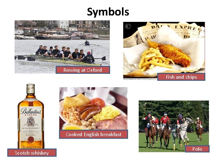 Symbols Rowing at Oxford Fish and chips Cooked English breakfast Scotch whiskey Polo 