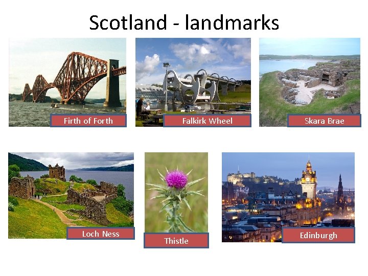 Scotland - landmarks Firth of Forth Loch Ness Falkirk Wheel Thistle Skara Brae Edinburgh