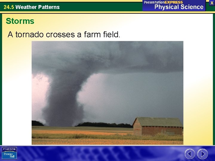 24. 5 Weather Patterns Storms A tornado crosses a farm field. 