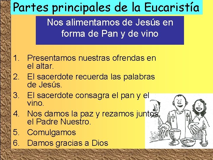 Partes principales de la Eucaristía Nos alimentamos de Jesús en forma de Pan y
