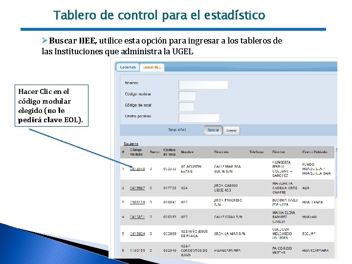 Tablero de control para el estadístico ØBuscar IIEE, utilice esta opción para ingresar a