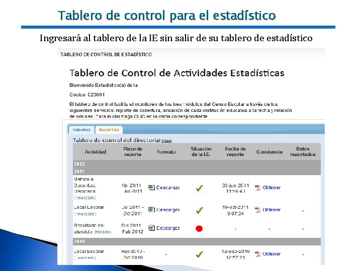 Tablero de control para el estadístico Ingresará al tablero de la IE sin salir